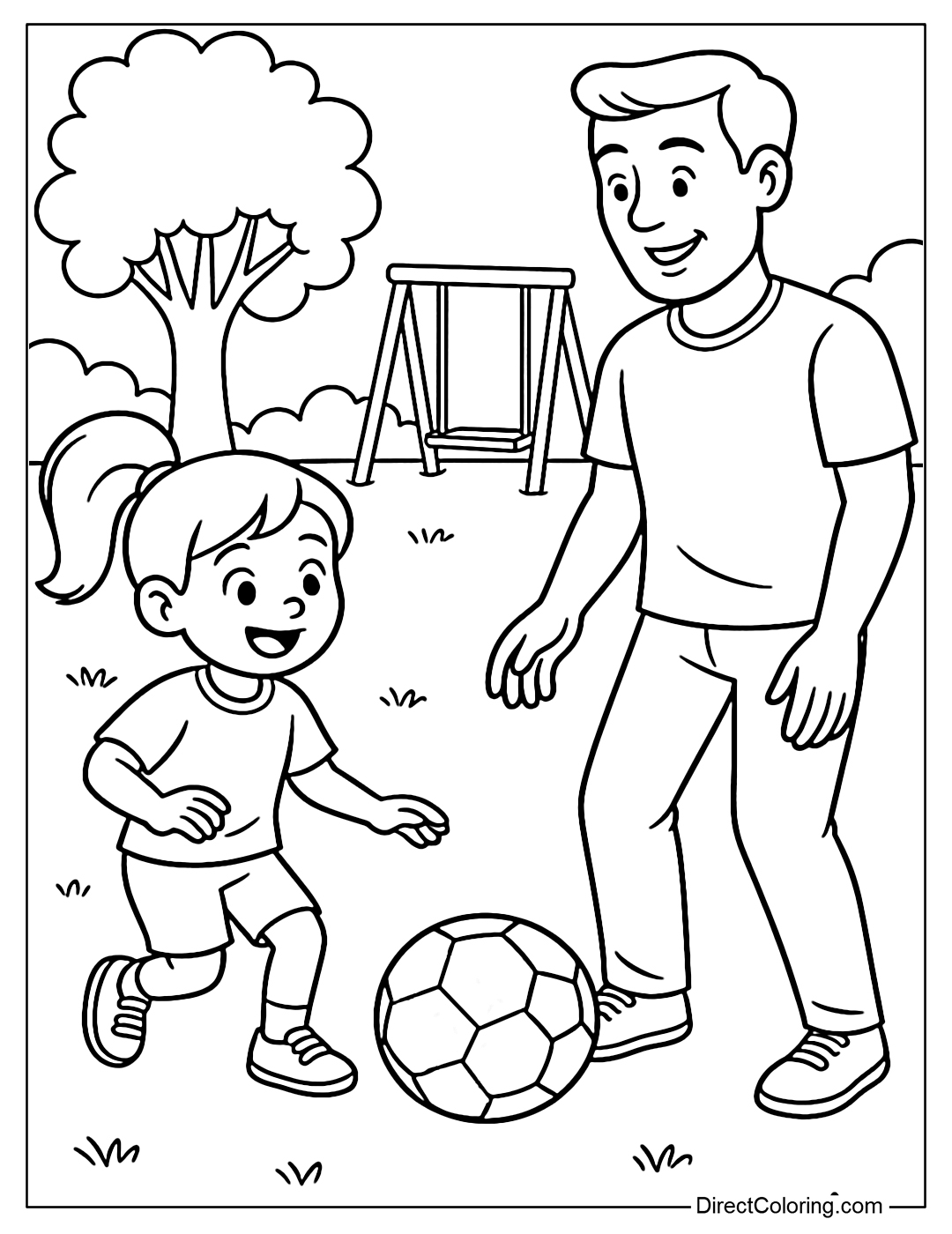 Coloring page of dad playing ball gently with his child in the yard with trees and swings.
